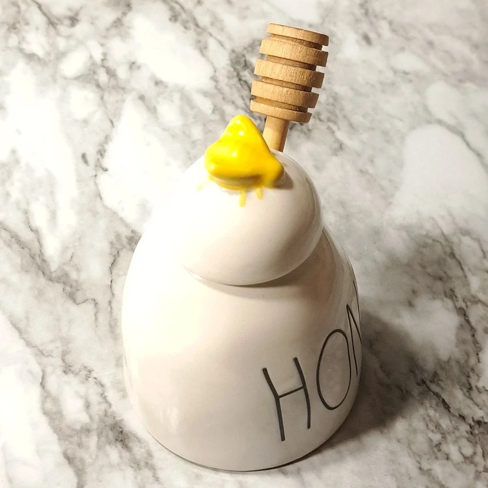 Rae Dunn Ceramic HONEY‎ Pot/ Jar With Wooden Honey Dipper  & Yellow Bee Lid